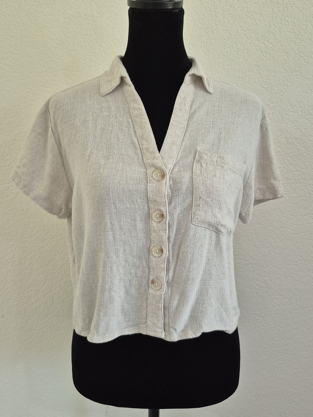 Love Notes Light Beige Button-Front Short Sleeve Shirt